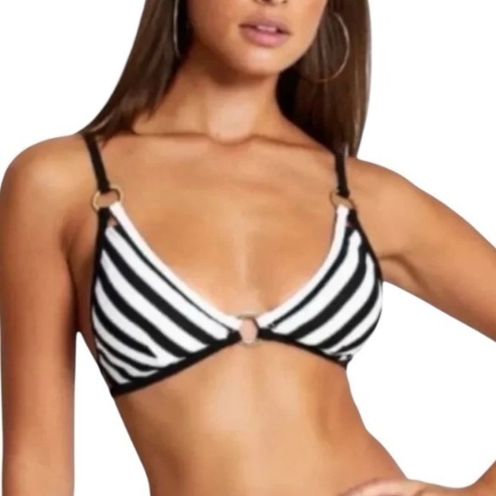 River Island Black Stripe Soft Triangle Bikini Top‎ Strappy Back Size 12 NWT